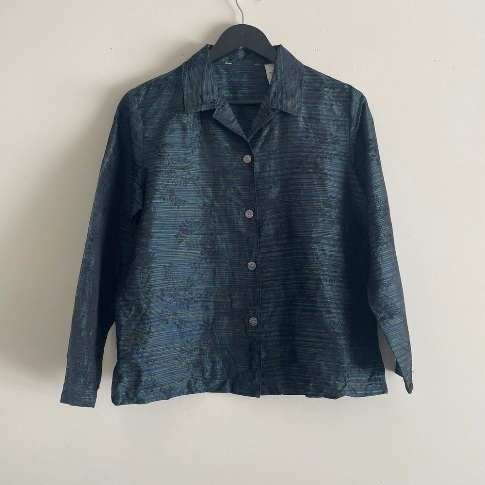 100% Silk Iridescent Floral Striped Button Up Blouse Teal Blue Green S